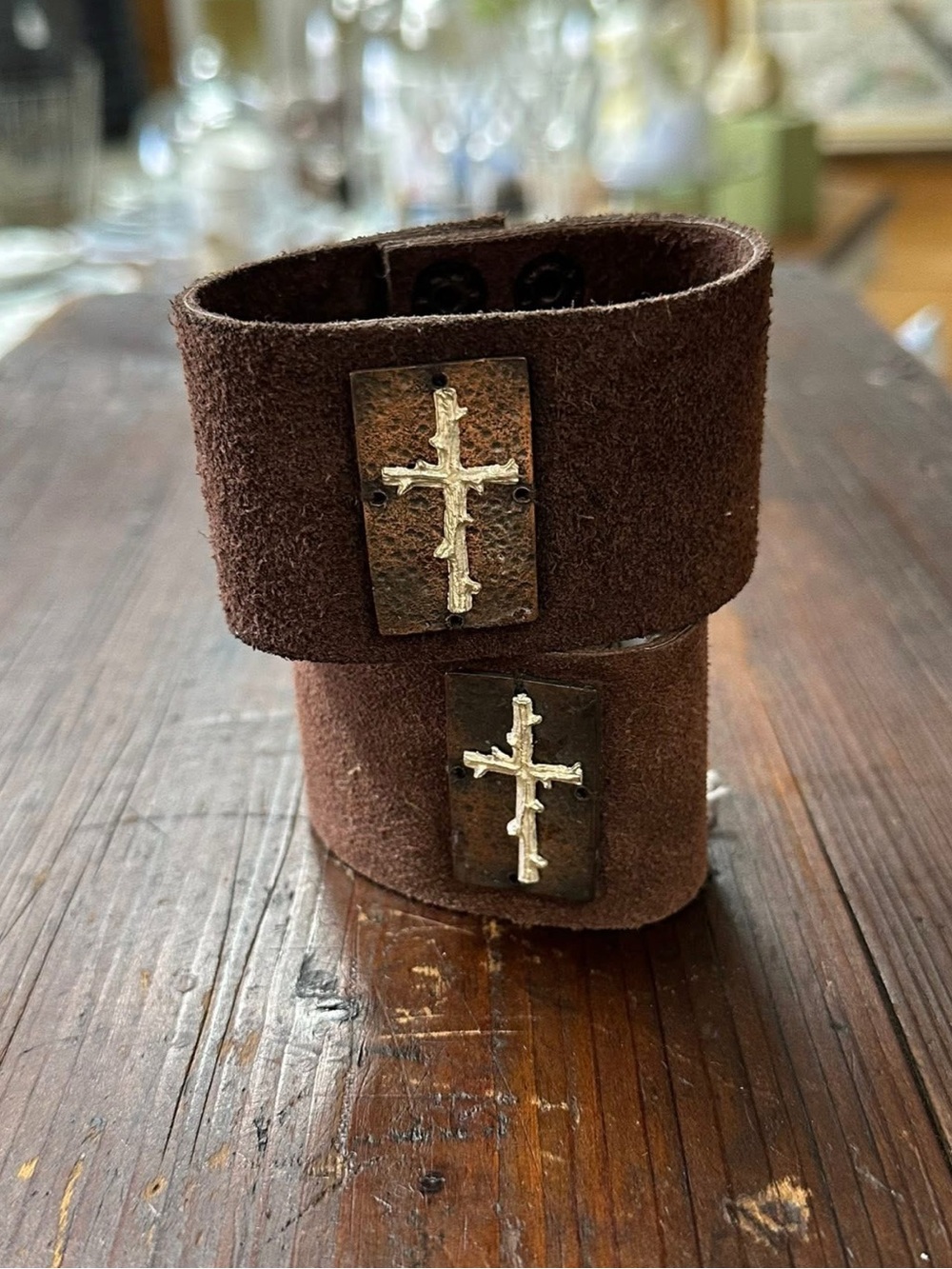 Brown Suede/Leather Cross Bracelet